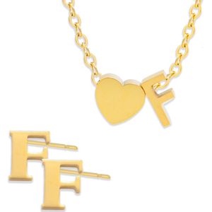 Initiaal Ketting & Oorbellen set met Letter F Goudkleurig - Stainless Steel - Met letter & Hartje! - 2x Sieraden Cadeau - Pax Amare