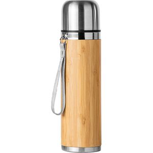 Bamboe thermosfles met RVS (drink)dop en RVS binnenkant dubbelwandig met 420ml, incl draagriem model Fengi