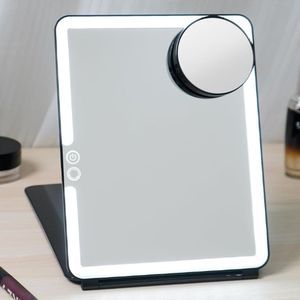Opvouwbare Make-up Spiegel met Verlichting - 1800mAh Oplaadbare, Dimbare Spiegel, 10x Vergroting, 3 Kleurinstellingen, Ultradun en Draagbaar - Ideaal voor Reizen