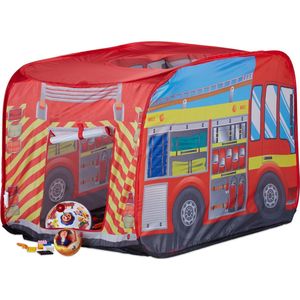Relaxdays Speeltent Brandweer - Pop Up Kindertent - Tent met Auto Motief - Outdoor Jongens