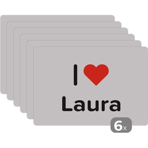 Placemat - Placemats kunststof - I love - Laura - Meisje - 45x30 cm - 6 stuks - Hittebestendig - Anti-Slip - Onderlegger - Afneembaar