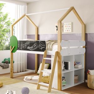 Multifunctioneel kinderbed, eenpersoonsbed, met boomvormig graffitibord, met ladder en verplaatsbare opbergkast, met opbergruimte, zonder matras, 90*200 cm, wit + naturel