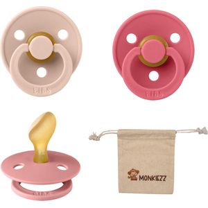 Bibs Dental fopspenen Anatomical 6-18 maanden- Set 3 stuks- Coral, Dusty Pink, Blush + Monkiezz speenzakje - orthodontisch- Anatomisch- Maat 2