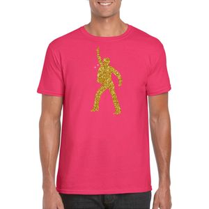Bellatio Decorations disco verkleed t-shirt voor heren - roze - gouden glitter - jaren 70/80 L