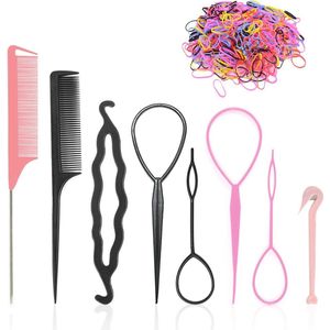 Haarvlechtgereedschap Set met 500 Rubber Ringen - Accessoires voor Vlechten en Krullen in Roze en Zwart