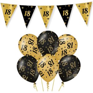 Leeftijd verjaardag feestartikelen pakket vlaggetjes/ballonnen 18 jaar zwart/goud - 12x ballonnen/2x vlaggenlijnen