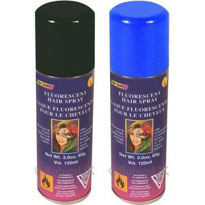 Haarverf/haarspray - 2x - blauw/zwart - spuitbus - 125 ml - Carnaval/halloween