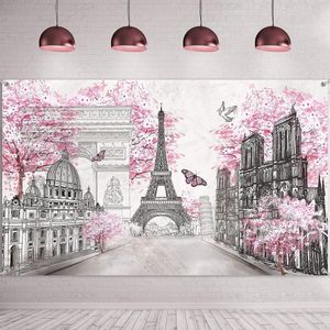 Parijs wandtapijt achtergrond Parijs muurkunst Eiffeltoren foto banner achtergrond Europese stad landschap roze muur opknoping decor voor woonkamer meisje slaapkamer, 180 x 109 cm