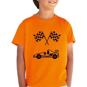 Formule 1 - Kinder shirt - Oranje - Maat 128 - shirt leeftijd 7 tot 8 jaar - Autoracen - Formule 1 - T-Shirt cadeau - Finish vlaggen - verjaardag - F1