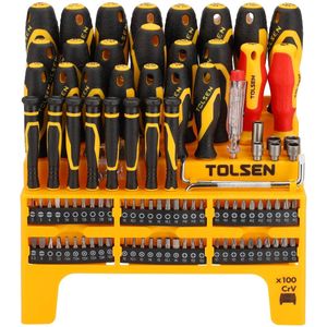 Tolsen Gereedschapset 100-delig - Schroevendraaierset Magnetisch - 28x Schroevendraaiers - 2x VDE schroevendraaiers - 1x Ratelschroevendraaier - 60x Bits - Spanningsmeter - 5x Magnetische Moerdoppen - 1 Cr-V adapter 60 mm