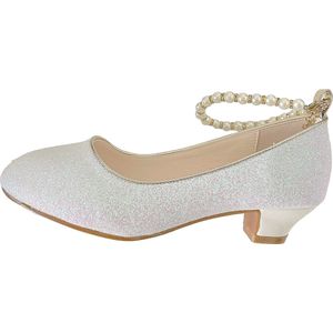 Communie schoenen - Prinsessen schoenen wit glitter met pareltjes - maat 26 (binnenmaat 17 cm) bij bruidsmeisjes jurk