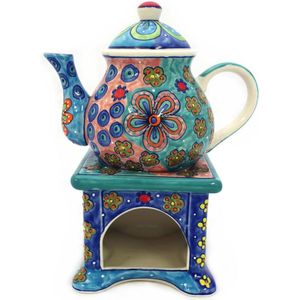 Kleurrijke handbeschilderde theepot keramiek met warmhouder