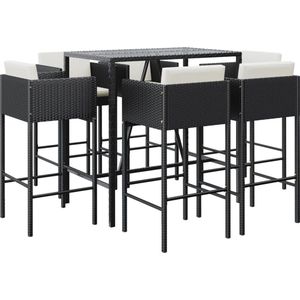 vidaXL 7-delige Tuinbarset met kussens - Zwart Tuinbarset - Bartafel - Barkrukken - Buitendecoratie - PE-rattan