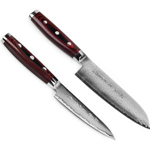 Super Gou Messenset - Giftset - 2-delig - Universeelmes 12 cm & Santoku mes 16,5 cm - 161 Lagen Damaststaal - SG2 Staal - 63 HRC - Canvas-Micarta Heft