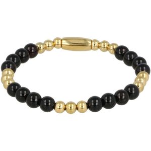 *Elastische gouden kralenarmband met Onyx edelstenen - Luxe gouden armband door combinatie van Onyx edelstenen met edelstalen balletjes - Met luxe cadeauverpakking