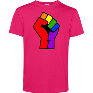 T-shirt Regenboog Vuist | Gay pride shirt kleding | Regenboog kleuren | LGBTQ | Roze | maat S