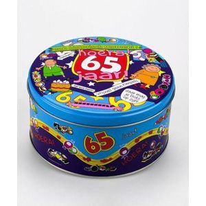 Verjaardag - Snoep - Snoeptrommel - 65 jaar- Gevuld met Snoep - In cadeauverpakking met gkleurd lint