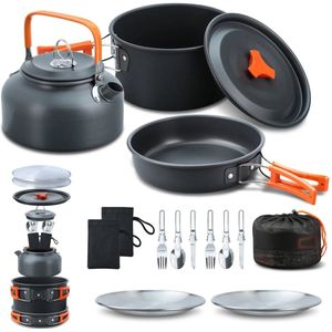 J-Mart Camping Pannenset - Kookset incl. 2 Persoons Serviesset - Koekenpan / Kookpan / Ketel / Boorden / Bestek - Met Draagzak
