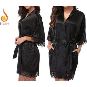 Fiory Kimono Zwart| Badjas | Met kant | Sexy Nachtkleding| zwart| Maat XL