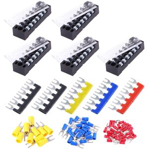 Terminal Block Set - 70 Stks (5 Sets), 6 Posities 600 V 15A Dual Rij Schroef Terminals Strip + 5 Stks Pre-Geïsoleerde Barrier Strips + 60 Stks Geïsoleerde Vork Wire Connector (6 P+Vork Connector)