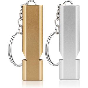 2 stuks fluitje, overlevingsfluit, dubbele buizen metalen fluitje met sleutelhanger, scheidsrechtersfluit, noodfluit voor redding, reizen, sport, huisdiertraining (zilver + goud)