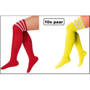 10x Paar Lange sokken rood en geel met strepen - maat 36-41 - Lieskousen - kniekousen sportsokken cheerleader carnaval voetbal hockey unisex festival