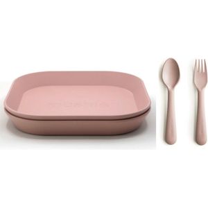 Mushie borden en bestek|Set 2 borden+Vork en Lepel|Blush oud roze|Kinderservies|BIBS|Bestek|Bord|