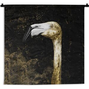 Wandkleed - Wanddoek - Flamingo - Vogel - Bladeren - Goud - 180x180 cm - Wandtapijt