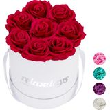 Relaxdays flowerbox - 8 kunstrozen - rozenbox - bloemendoos - wit - kunstbloemen - rood
