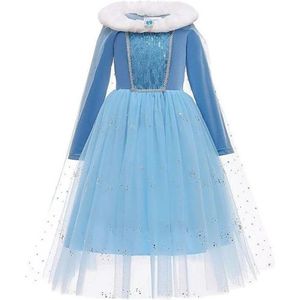 Elsa jurk Deluxe met bontkraag + kroon maat 92-98 (100) Prinsessen jurk verkleedkleding
