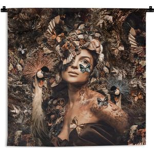 Wandkleed - Vrouw - Dieren - Vlinders - Luxe - Henna - Wandtapijt - Decoratie woonkamer - Tapestry - Katoen - 180x180 cm - Muurkleed - Wanddoek - Muurdecoratie - Wandkleden