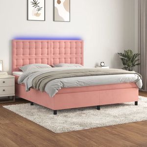 The Living Store Bed - Fluweel - Roze - 160x200 cm - Met LED-verlichting