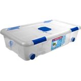 1x Opbergboxen/opbergdozen met deksel en wieltjes 30 liter kunststof transparant/blauw - 73 x 41 x 17 cm - Opbergbakken
