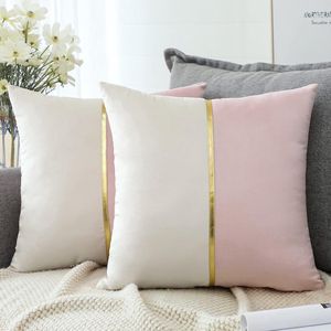 Set van 2 fluwelen kussenslopen voor bank, auto, slaapkamer, luxe moderne minimalistische gouden lederen naden, sierkussen, kussenhoes, kussensloop, kussensloop, 45 x 45 cm (roze en wit)