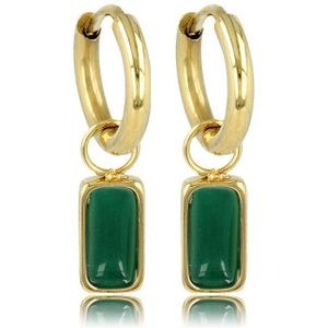 *Minimalistische gouden oorbellen met Green Agate edelsteen - 10mm - Classy edelstalen oorbel met Green Agate hanger - Met luxe cadeauverpakking