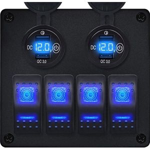 ProRide Schakelpaneel 12V voor Auto/Boot - USB Stopcontact 4 Poorten met Schakelaar en Voltmeter - QC3.0 - 4 schakelaars - Blauw