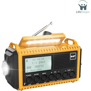 LifeStages - Radio op batterijen voor rampen - Draagbare Radio DAB+/DAB/FM met 5000 mAh Batterij - Zwengelradio met Preset-Functie - Batterij, Wekker, Digitale Radio, Zonne-Energie, Dynamo Radio met LED voor Camping, Emergency, Buiten - Licht, SOS-A
