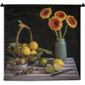Wandkleed Stillevens Bloemen - Stilleven zonnebloemen en citroen Wandkleed katoen 150x150 cm - Wandtapijt met foto