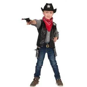 Funny Fashion - Cowboy & Cowgirl Kostuum - Cowboy Vest Nevada Zwart Jongen - Zwart - Maat 116 - Carnavalskleding - Verkleedkleding