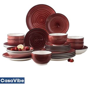 CasaVibe Luxe Bordenset - Kommen set - Borden - Dinerborden - set van 24 - 6 persoons - serviesset - Rood - Wit