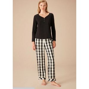 Suwen- Dames 2- Delige -Pyjama- Luxe Pyjamaset- Nachtkleding Zwart / Wit Geruite Maat XL