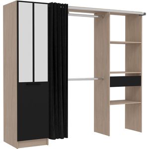 Concept-U - Wood Industriële kleedkamer, zwart gordijn, 2 kasten, 6 planken en 1 zwarte lade NICE