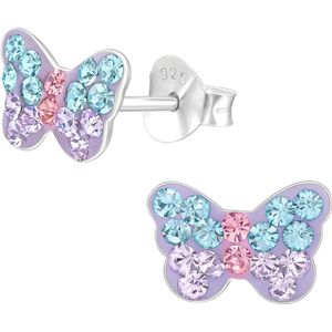 Joy|S - Zilveren vlinder oorbellen - 9 x 7 mm - paars met blauw roze en lila kristal - kinderoorbellen