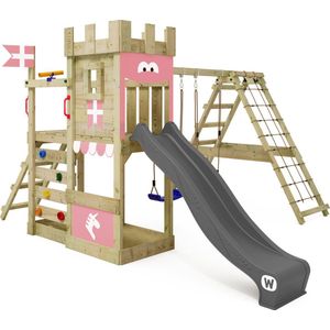 WICKEY speeltoestel ridderkasteel DragonFlyer met schommel & pastelroze glijbaan, outdoor kinderklimtoren met zandbak, ladder & speelaccessoires voor de tuin