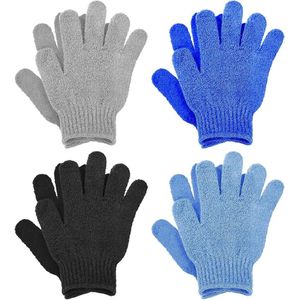 Trankielo - 4 paar bamboe scrubhandschoenen voor lichaamsscrub in zwart, lichtblauw, lichtgrijs en donkerblauw - ideaal voor douche, spa massage en verwijderen van dode huidcellen.