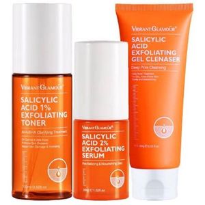 VIBRANT GLAMOUR Salicylzuur Gezichtsreiniger Essentie Toner Gezichtsverzorgingsset 3 delig - Olie Controle en Poriën Verkleinen - Anti Acne - Exfolianten tegen roodheid Diep Reinigende en Hydraterende Gezichtsreiniger - Poriën verkleinen