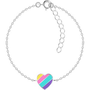 Joy|S - Zilveren hartje armband - regenboog strepen multicolor - 13 cm + 3 cm extension - armband voor kinderen