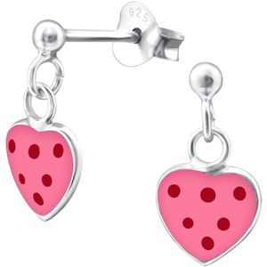 Joy|S - Zilveren hartje bedel oorbellen - roze met rode stipjes - kinderoorbellen
