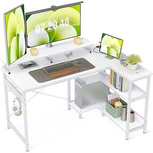 ODK Hoekbureau Wit, omkeerbaar L-vormig bureau met plank, 120x80x88cm Bureau L-vorm met lange monitorstandaard, gamingtafel met boekenplank Computertafel L-vorm voor thuiskantoor