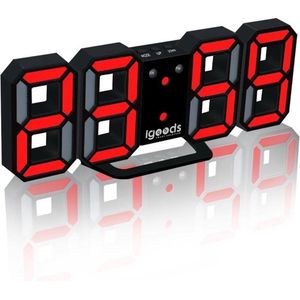 Igoods Digitale Tafelklok - Led Wekker Klok - Digitale 3D Wekker - Moderne Bureauklok - Met Temperatuurmeter - Zwart/Rood